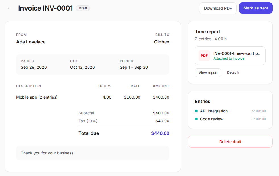 ClockPaid invoice with an attached per-entry time report
